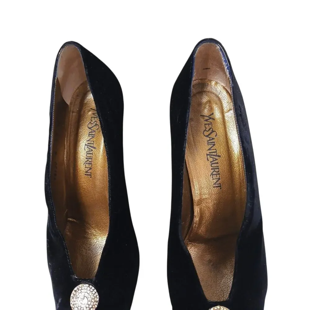 Yves Saint Laurent Black Velvet Jeweled Pointed Toe Heels Size 9.5 Party Vintage - Picture 7 of 16